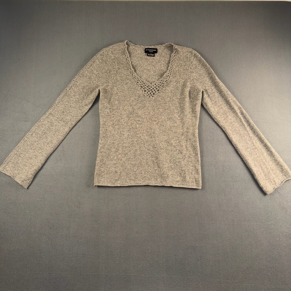 Sutton Studio Cashmere Sweater Womens Small Gray V-Neck Crochet Knit Long Sleeve